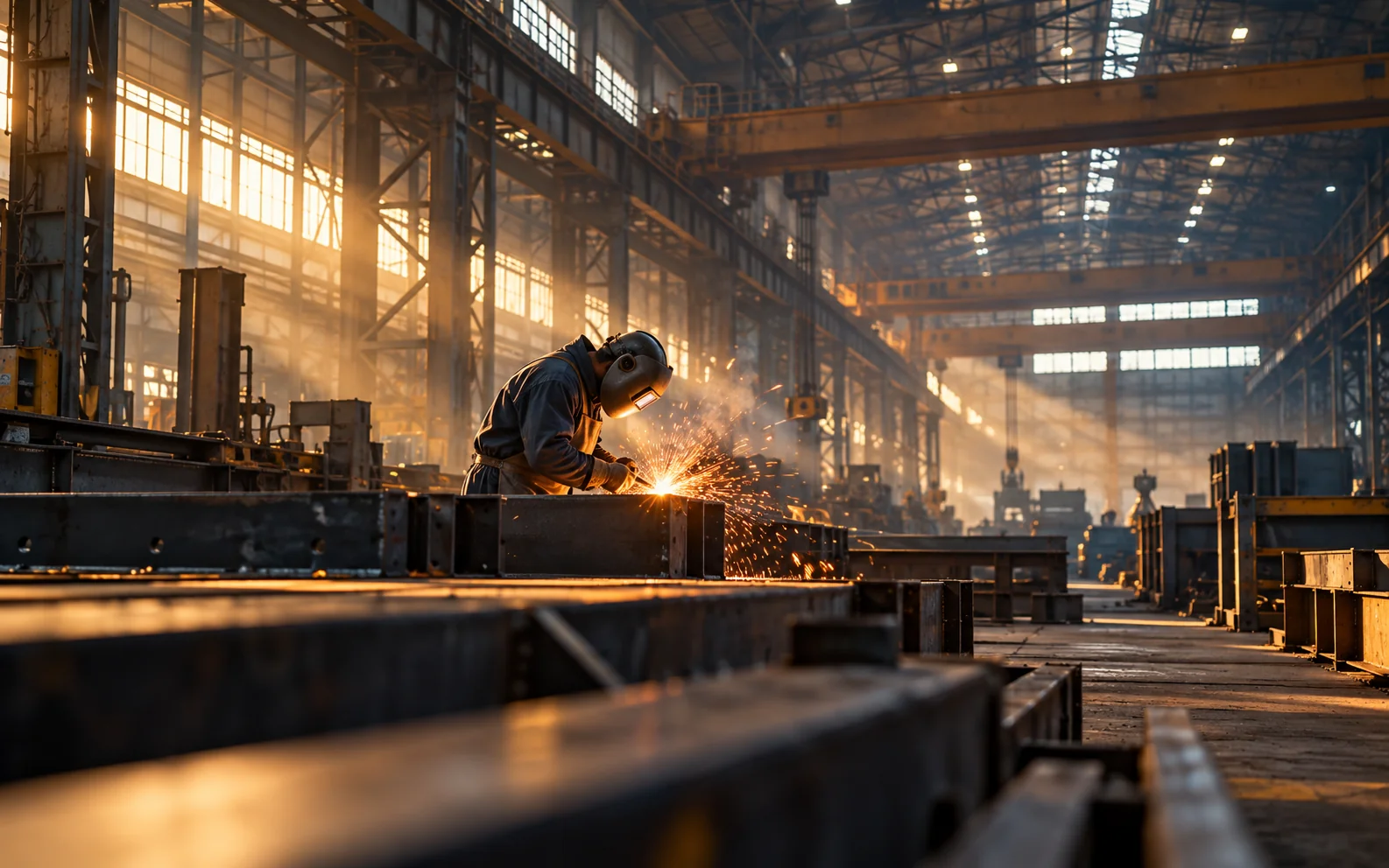 An industrial workshop in golden light, illustrative AI concept imagery
